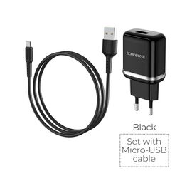  Блок питания сетевой 1 USB Borofone, BA36A, Hight Speed, пластик, QC3.0, кабель микро USB, цвет: чёрный (1/60/240) 