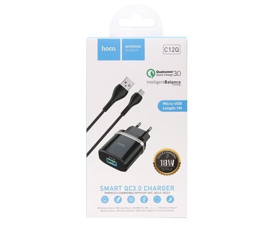  Адаптер Сетевой с кабелем Hoco C12Q 1USB/5V/3A QC3.0+micro USB (black) 