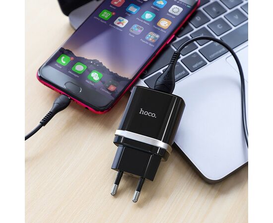  Адаптер Сетевой с кабелем Hoco C12Q 1USB/5V/3A QC3.0+micro USB (black) 