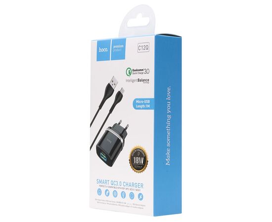 Адаптер Сетевой с кабелем Hoco C12Q 1USB/5V/3A QC3.0+micro USB (black) 