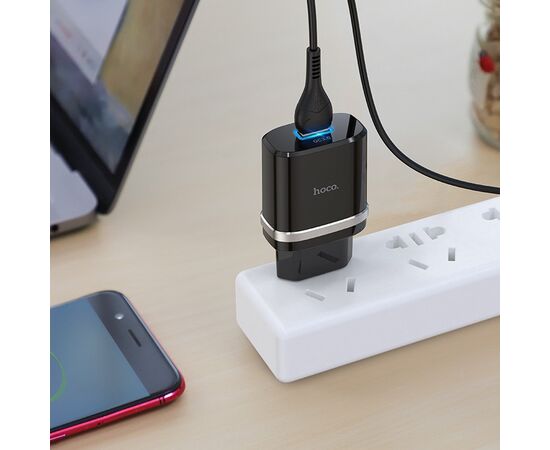  Адаптер Сетевой с кабелем Hoco C12Q 1USB/5V/3A QC3.0+micro USB (black) 