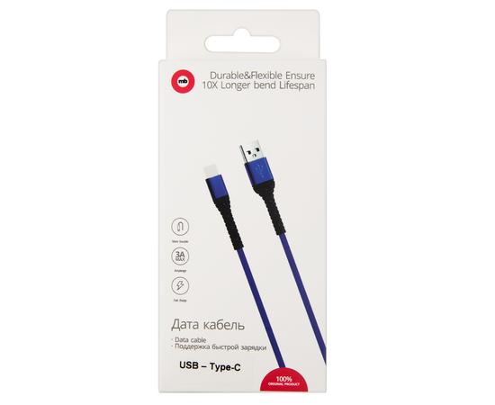  Дата-кабель mObility USB – Type-C, 3А, тканевая оплетка, синий 
