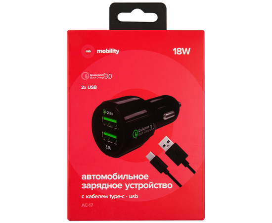  АЗУ+ кабель Type-C mObility AC-17, 2USB, QC 3.0, 18W, черный 