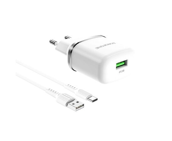  Адаптер Сетевой с кабелем Borofone BA36A High 1USB/5V/3A QC3.0 +Type-C (white) (133681) 