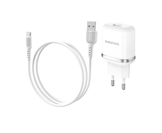  Адаптер Сетевой с кабелем Borofone BA36A High 1USB/5V/3A QC3.0 +Type-C (white) (133681) 