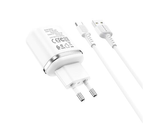  Адаптер Сетевой с кабелем Borofone BA36A High 1USB/5V/3A QC3.0 +Type-C (white) (133681) 