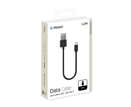  Дата-кабель USB-A - USB-C, USB 2.0, 2.4A, 1.2м, черный, Deppa, 72301 
