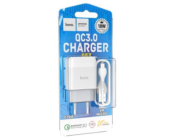  Адаптер Сетевой с кабелем Hoco C72Q Glorious 1USB/5V/3A 18W+QC3.0 +micro USB (white) (202557) 