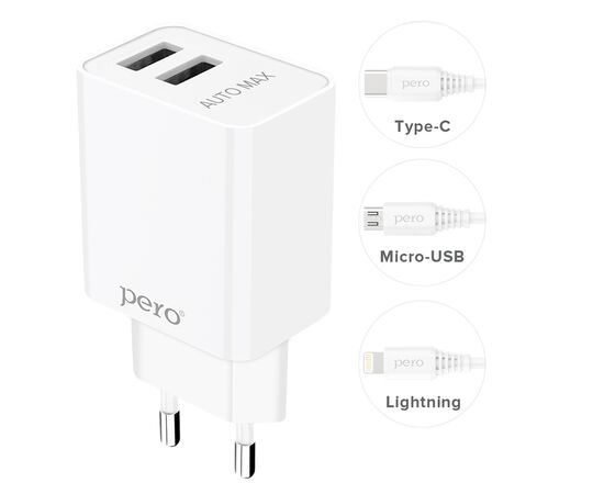  СЗУ PERO TC02 2USB 2.1A c кабелем Lightning в комплекте, белый 