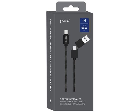  Дата-кабель PERO DC-07 UNIVERSAL 2 in 1, USB-A + PD  to Type-C, 1m, Black 