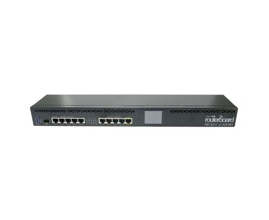  MikroTik RouterBOARD RB3011UiAS-RM, Маршрутизатор гигабитный, 10 портов GbEthernet и порт SFP, USB3.0A, раздача PoE на 10-м порту, CPU IPQ-8064-0-519FCBGA-TR-01-0, 2x1.4GHz, Touchscreen LCD 