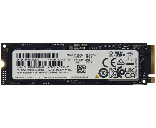 SSD Samsung PM9A1 (MZVL2512HCJQ-00B07/00B00) 512GB, M.2(22x80mm), NVMe, PCIe 4.0 x4 