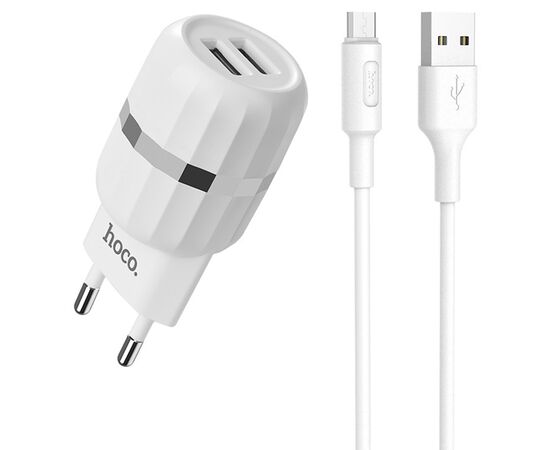  Сетевое зарядное устройство HOCO C41A Wisdom 2xUSB с Кабелем USB - Micro, 2.4A, 10.8W, белый 