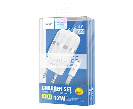  Сетевое зарядное устройство HOCO C41A Wisdom 2xUSB с Кабелем USB - Micro, 2.4A, 10.8W, белый 