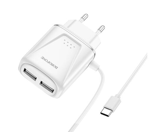  Сетевое зарядное устройство BOROFONE BA50A Beneficence 2xUSB с Кабелем Type-C, 2.1A, белый 