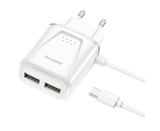  Сетевое зарядное устройство BOROFONE BA50A Beneficence 2xUSB с Кабелем Type-C, 2.1A, белый 