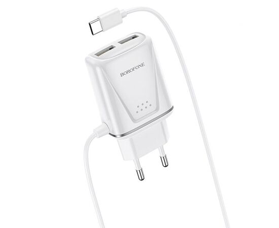  Сетевое зарядное устройство BOROFONE BA50A Beneficence 2xUSB с Кабелем Type-C, 2.1A, белый 