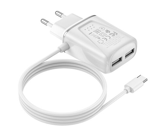  Сетевое зарядное устройство BOROFONE BA50A Beneficence 2xUSB с Кабелем Type-C, 2.1A, белый 