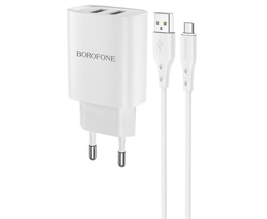 Сетевое зарядное устройство BOROFONE BN2 super fast 2xUSB с Кабелем USB - Micro, 2.1A, белый 