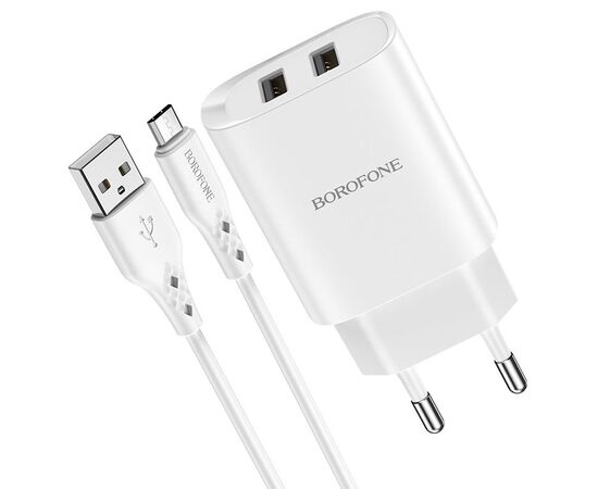  Сетевое зарядное устройство BOROFONE BN2 super fast 2xUSB с Кабелем USB - Micro, 2.1A, белый 