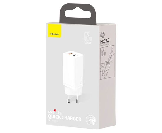  Сетевое зарядное устройство BASEUS GaN2 lite 1xUSB + 1xUSB-C, 3A, 65W, белый 