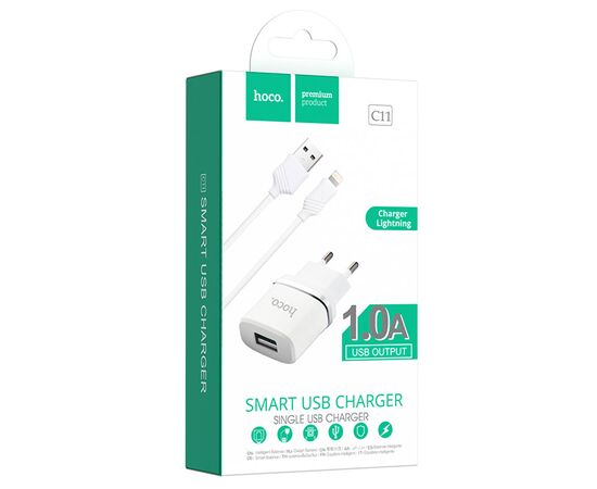  Сетевое зарядное устройство HOCO C11 Smart 1xUSB с Кабелем USB - Lightning, 1A, 5W, белый 