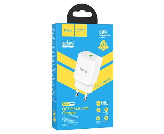  Сетевое зарядное устройство HOCO N26 Maxim 1xUSB, 3.0A, 18W, белый 
