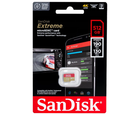  MicroSDXC  512GB  SanDisk Class 10 Extreme UHS-I U3 (190 Mb/s) без адаптера 