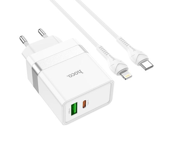  Сетевое зарядное устройство HOCO N21 Extension speed 1xUSB + 1xUSB-C с Кабелем Type-C - Lightning, 3A, 20W, белый 