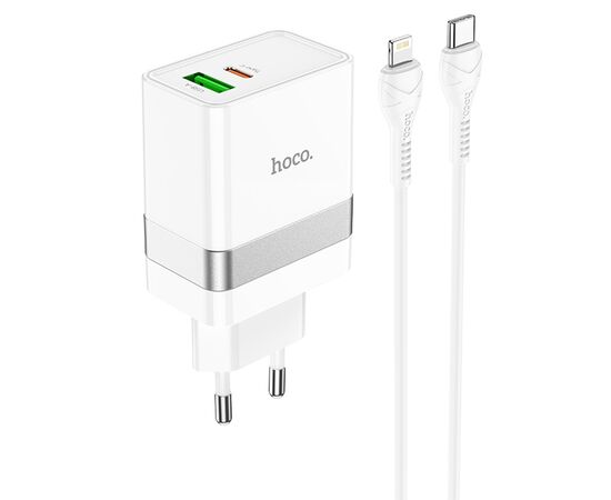  Сетевое зарядное устройство HOCO N21 Extension speed 1xUSB + 1xUSB-C с Кабелем Type-C - Lightning, 3A, 20W, белый 