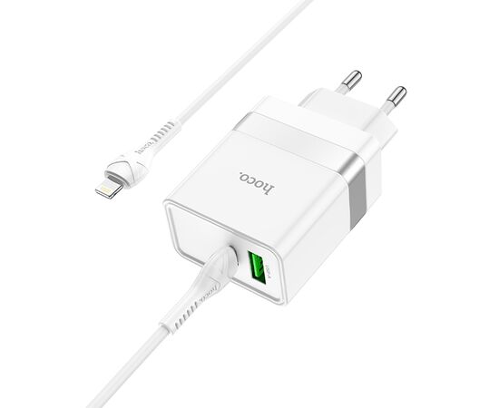  Сетевое зарядное устройство HOCO N21 Extension speed 1xUSB + 1xUSB-C с Кабелем Type-C - Lightning, 3A, 20W, белый 