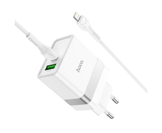  Сетевое зарядное устройство HOCO N21 Extension speed 1xUSB + 1xUSB-C с Кабелем Type-C - Lightning, 3A, 20W, белый 