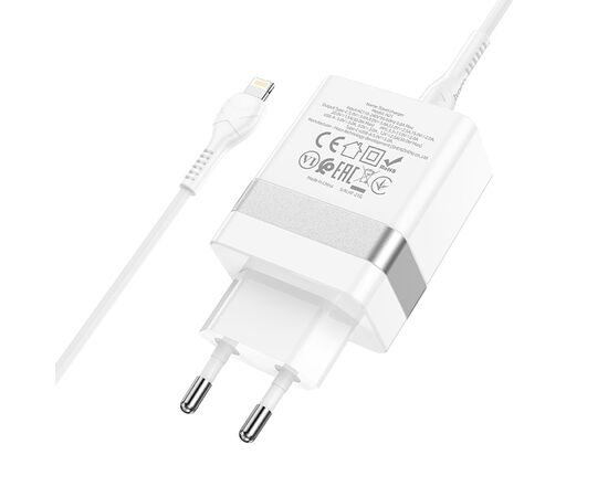  Сетевое зарядное устройство HOCO N21 Extension speed 1xUSB + 1xUSB-C с Кабелем Type-C - Lightning, 3A, 20W, белый 