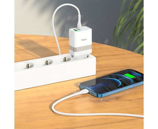  Сетевое зарядное устройство HOCO N21 Extension speed 1xUSB + 1xUSB-C с Кабелем Type-C - Lightning, 3A, 20W, белый 