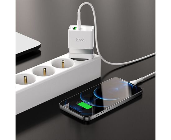  Сетевое зарядное устройство HOCO N21 Extension speed 1xUSB + 1xUSB-C с Кабелем Type-C - Lightning, 3A, 20W, белый 