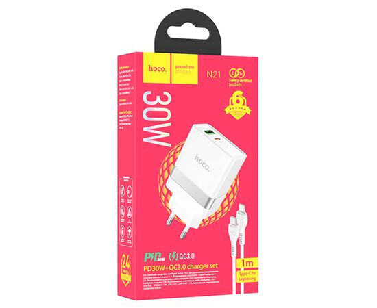  Сетевое зарядное устройство HOCO N21 Extension speed 1xUSB + 1xUSB-C с Кабелем Type-C - Lightning, 3A, 20W, белый 