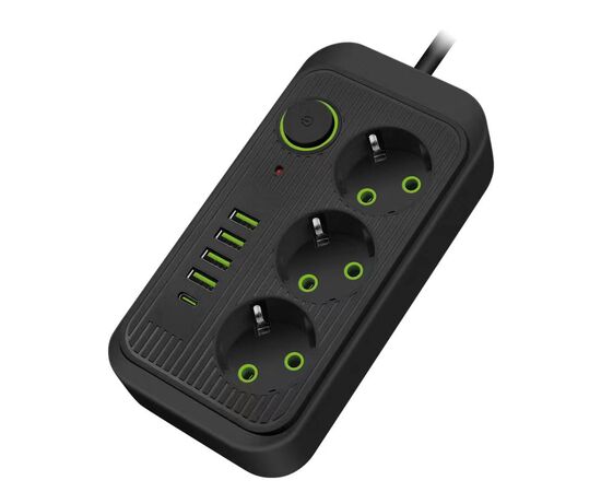  Amper сетевой удлинитель,4,0м, 3 розетки, 3*0,75мм, 10А, 2500 Вт, 4usb, 1Type-C, черный. 