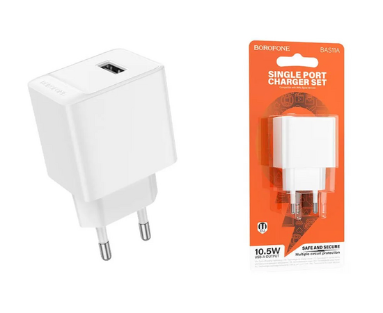  Блок питания сетевой 1 USB Borofone BAS11A Erudite, пластик, 2.1A, цвет: белый (1/70/280) 
