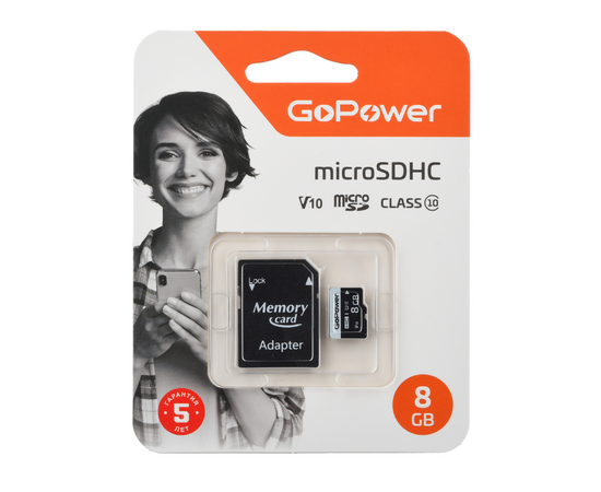  Карта памяти microSD GoPower 8GB Class10 15 МБ/сек V10 с адаптером 
