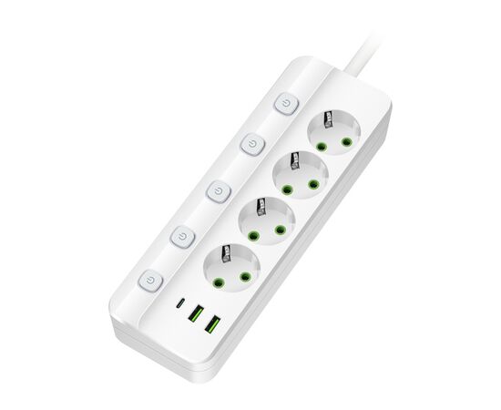  Amper сетевой удлинитель, 4,0 м, 4 розетки, 3*0,75мм, 10А, 2500 Вт, 2usb, 1Type-C, 4кн, белый. 