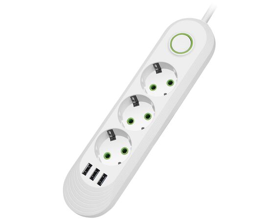  Amper сетевой удлинитель, 2,0м, 4 розетки, 3*0,75мм, 10А, 2500 Вт, 3usb, белый. 