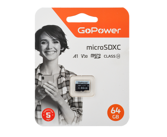  Карта памяти microSD GoPower 64GB Class10 70 МБ/сек V30 без адаптера 