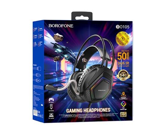  Borofone BO105/ Гарнитура игровая проводная, 2 м, USB + 3.5 mm, адаптор, черный 