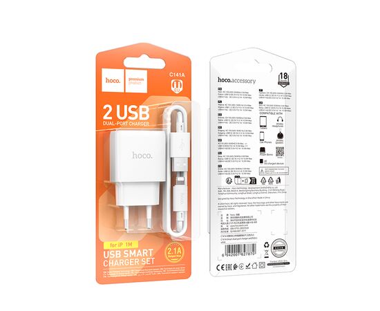  СЗУ 2USB 2.1A для Lightning 8-pin Hoco C141A 1м (White) 