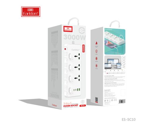  Удлинитель Earldom ES-SC10 EU, 3 розетки+2USB+2Type C PD,3.1A (3000W) 