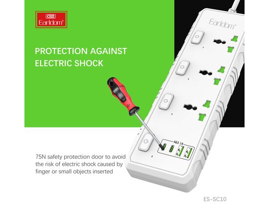  Удлинитель Earldom ES-SC10 EU, 3 розетки+2USB+2Type C PD,3.1A (3000W) 