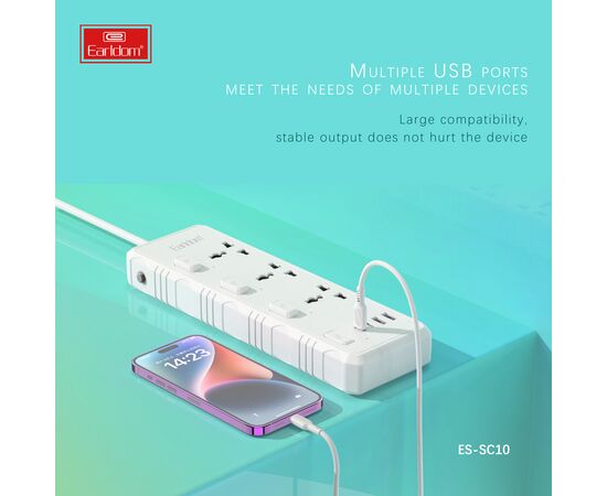  Удлинитель Earldom ES-SC10 EU, 3 розетки+2USB+2Type C PD,3.1A (3000W) 
