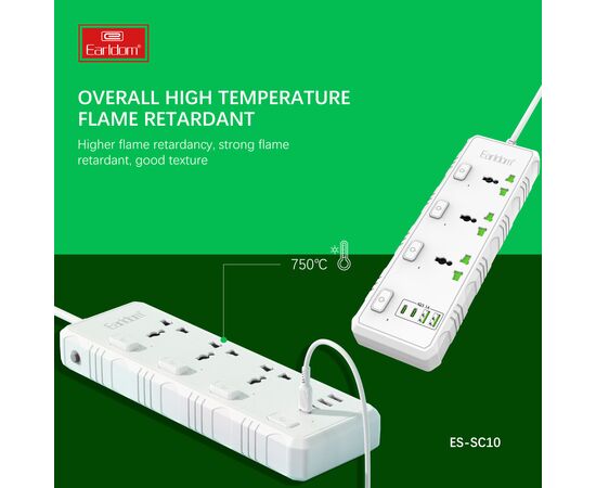  Удлинитель Earldom ES-SC10 EU, 3 розетки+2USB+2Type C PD,3.1A (3000W) 