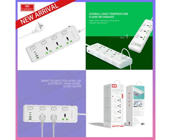  Удлинитель Earldom ES-SC10 EU, 3 розетки+2USB+2Type C PD,3.1A (3000W) 
