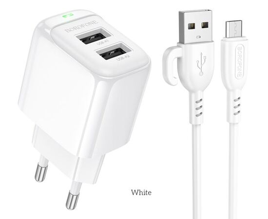  BOROFONE BAS41A/ Сетевое ЗУ + Кабель Micro 1m/ 2 USB/ Выход: 12W/ White 